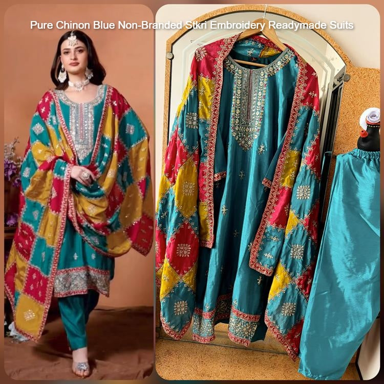 Pure Chinon Blue Non-Branded Stkri Embroidery Readymade Suits
