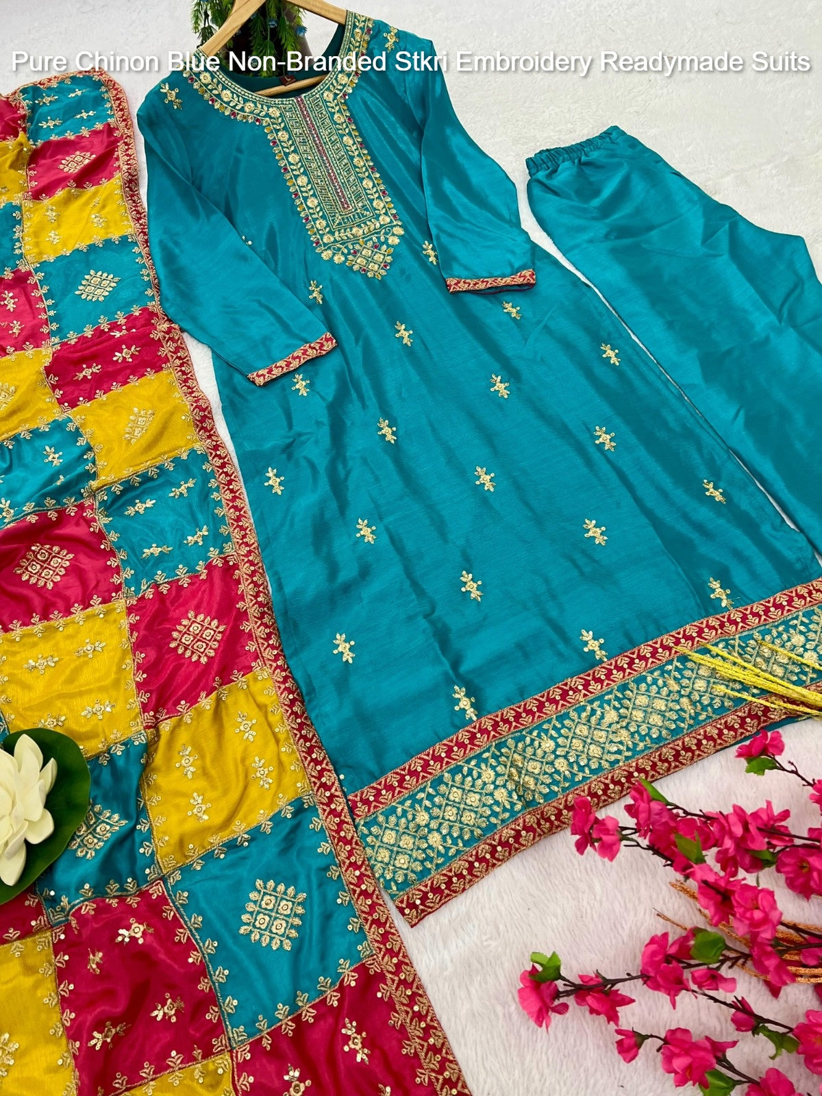 Pure Chinon Blue Non-Branded Stkri Embroidery Readymade Suits