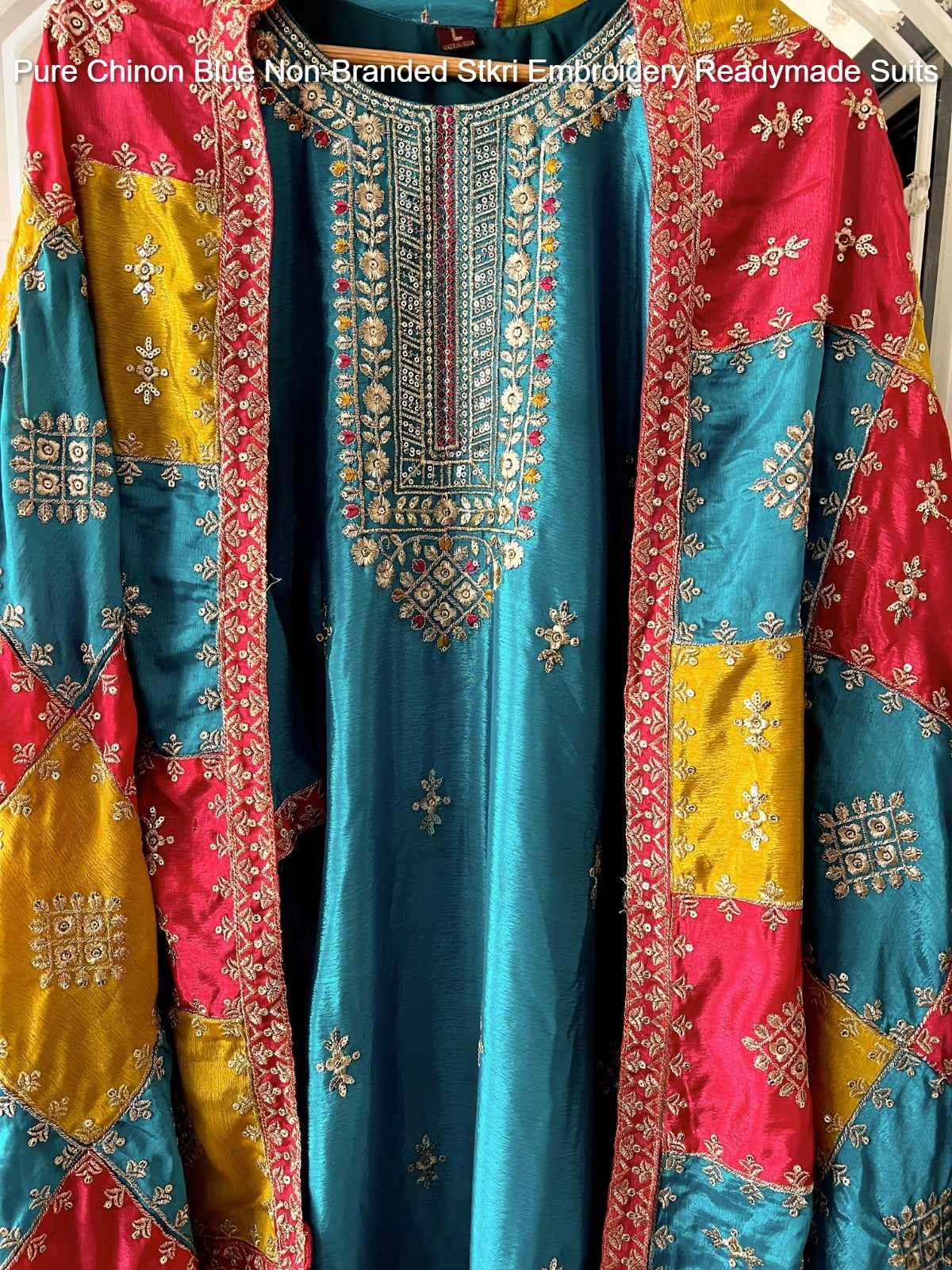 Pure Chinon Blue Non-Branded Stkri Embroidery Readymade Suits