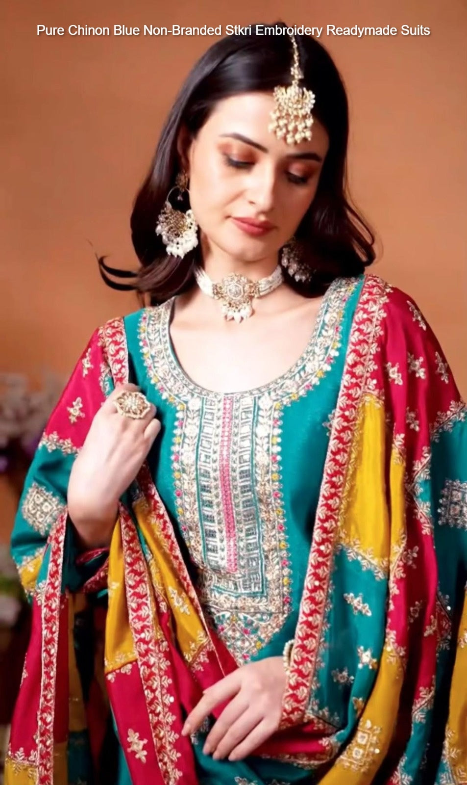 Pure Chinon Blue Non-Branded Stkri Embroidery Readymade Suits