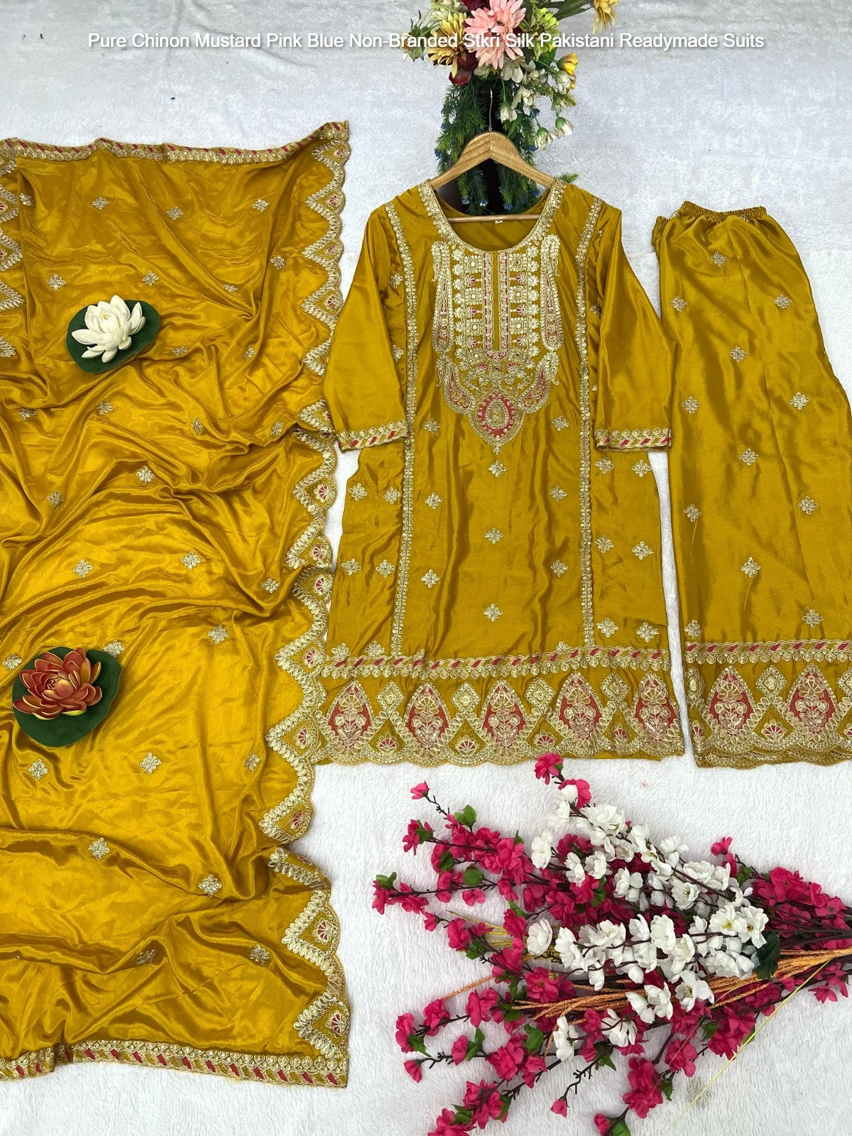 Pure Chinon Mustard Pink Blue Non-Branded Stkri Silk Pakistani Readymade Suits