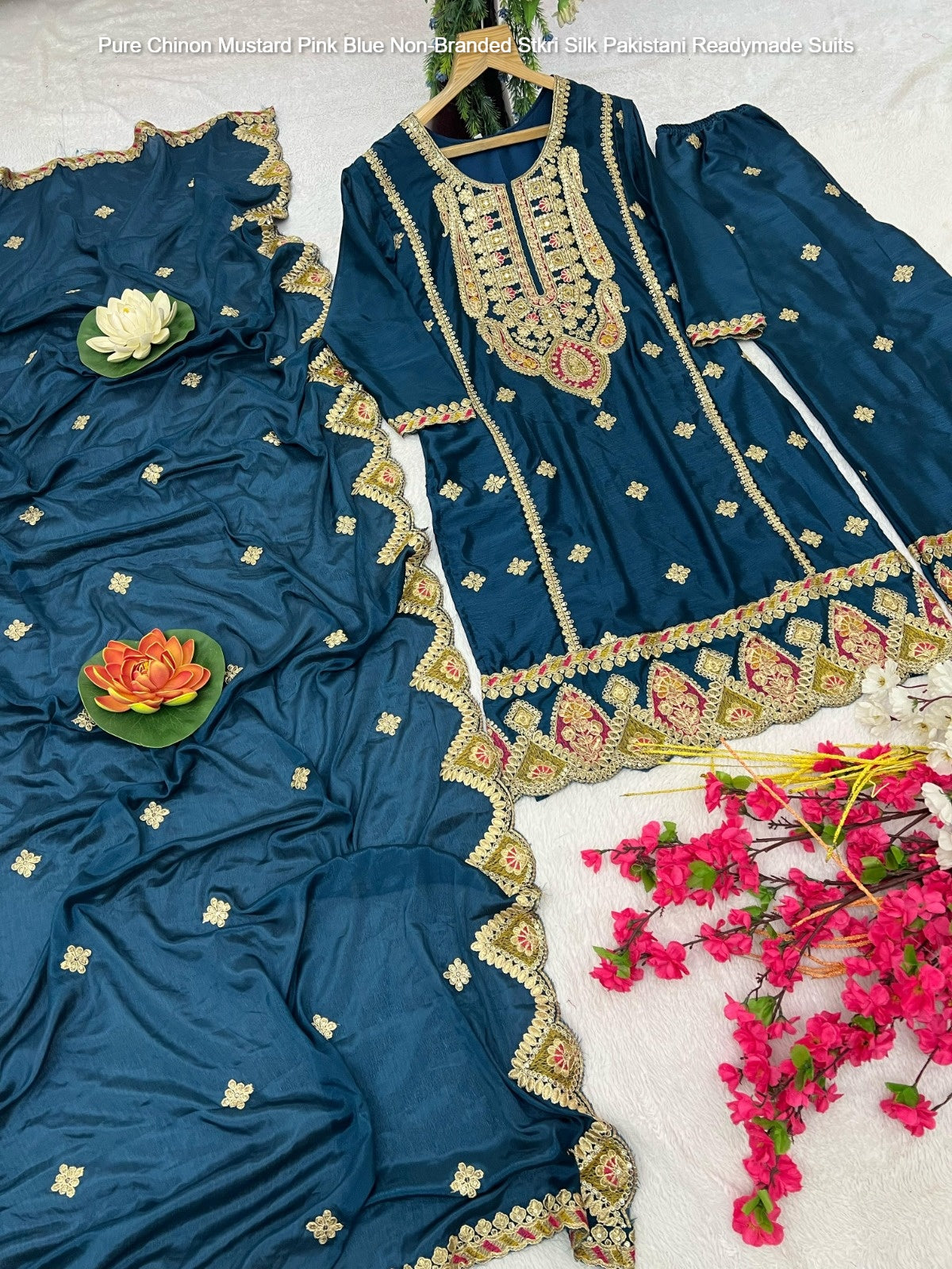 Pure Chinon Mustard Pink Blue Non-Branded Stkri Silk Pakistani Readymade Suits