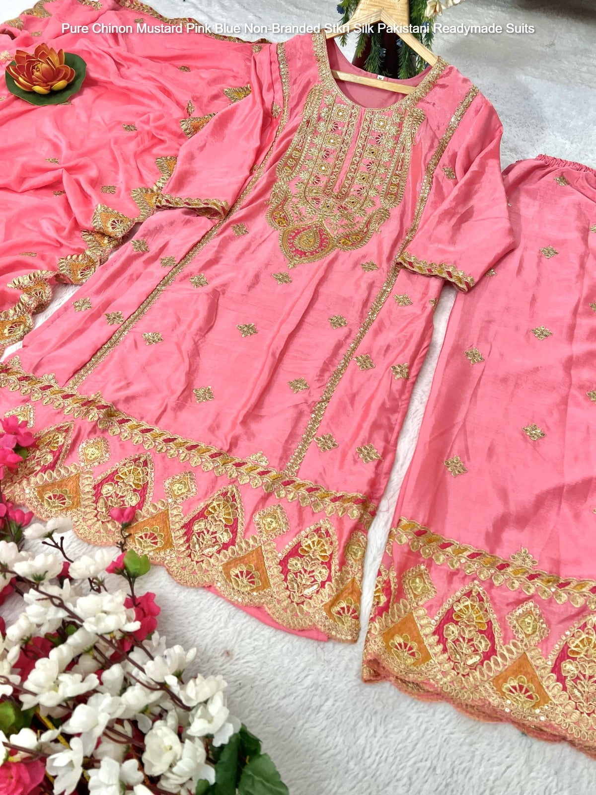 Pure Chinon Mustard Pink Blue Non-Branded Stkri Silk Pakistani Readymade Suits
