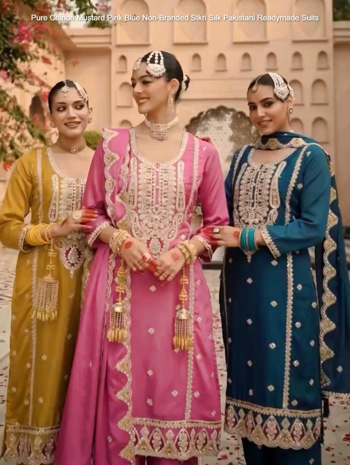 Pure Chinon Mustard Pink Blue Non-Branded Stkri Silk Pakistani Readymade Suits