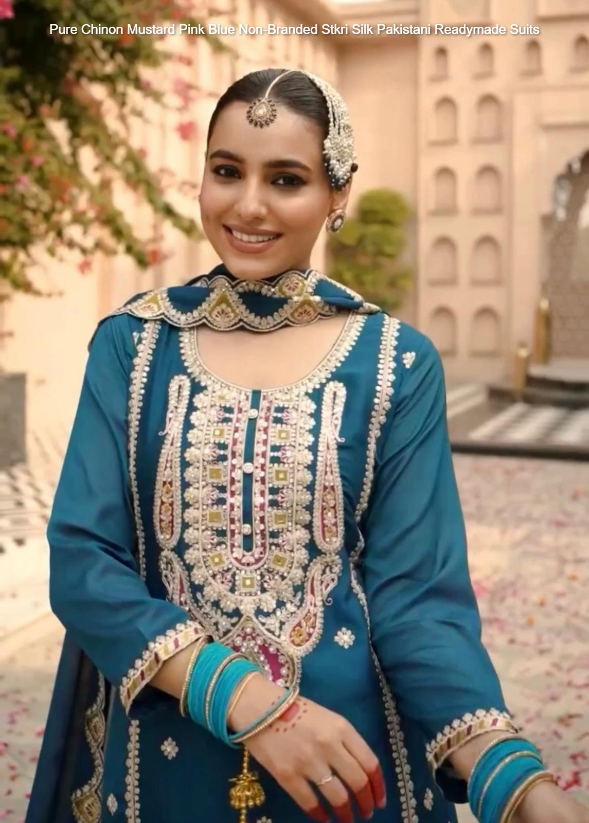 Pure Chinon Mustard Pink Blue Non-Branded Stkri Silk Pakistani Readymade Suits