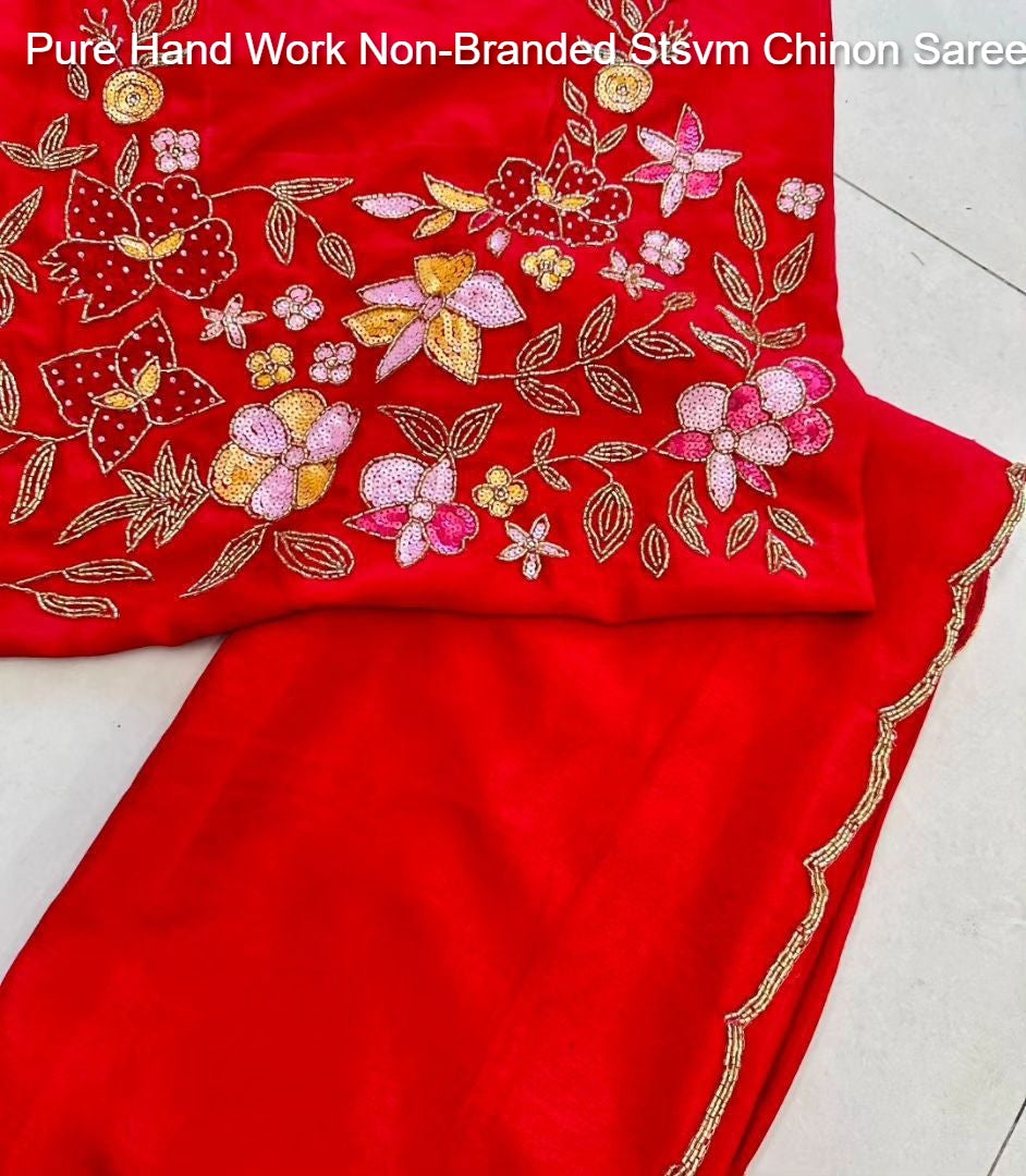Pure Hand Work Non-Branded Stsvm Chinon Sarees