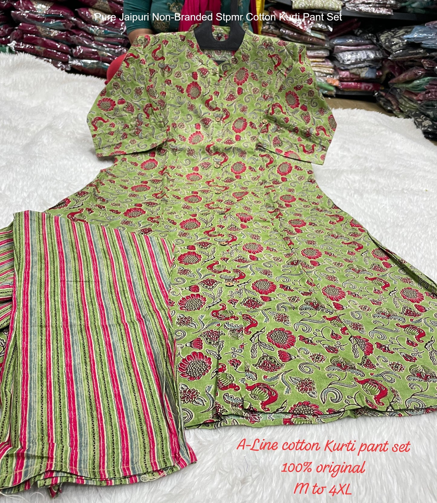 Pure Jaipuri Non-Branded Stpmr Cotton Kurti Pant Set