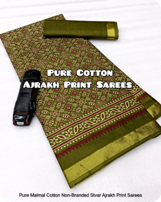 Pure Malmal Cotton Non-Branded Stvar Ajrakh Print Sarees