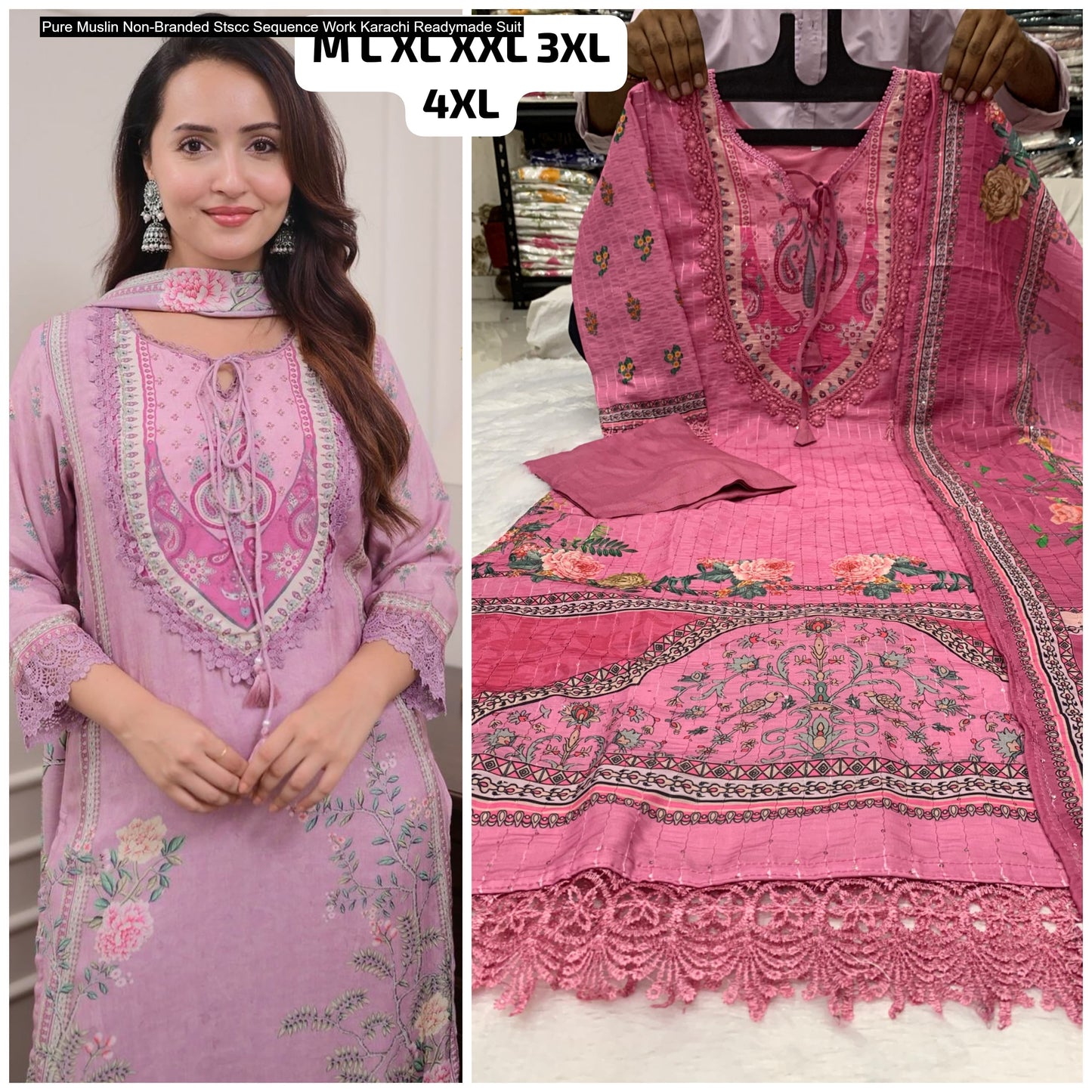 Pure Muslin Non-Branded Stscc Sequence Work Karachi Readymade Suit