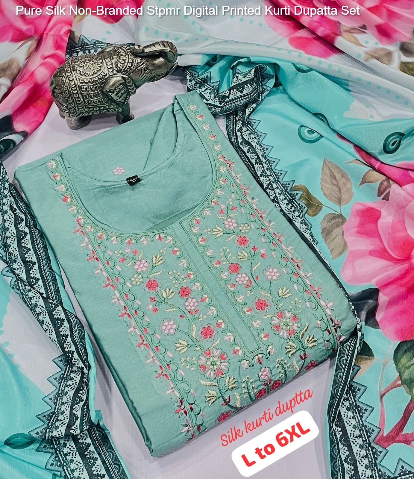 Pure Silk Non-Branded Stpmr Digital Printed Kurti Dupatta Set