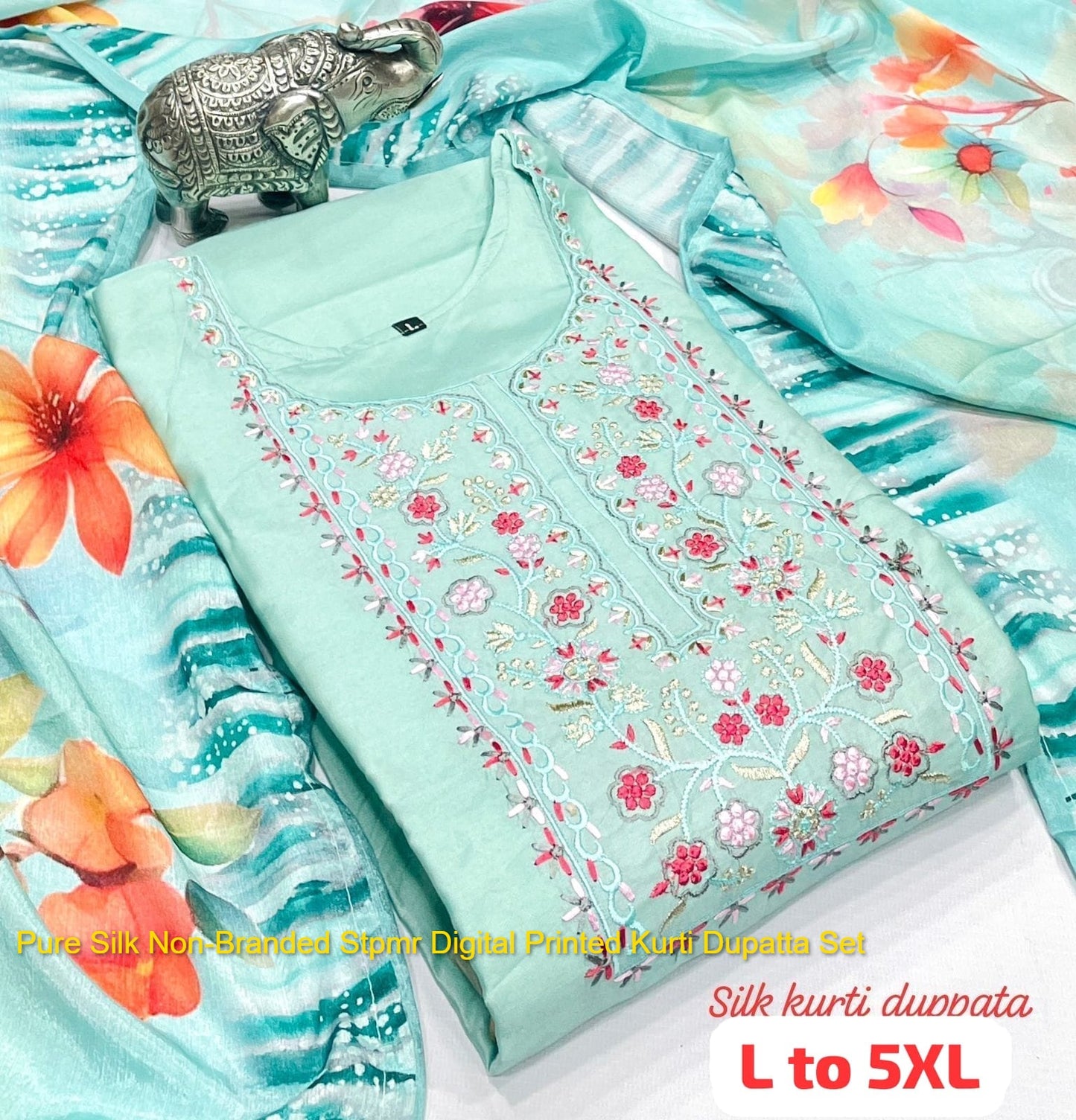 Pure Silk Non-Branded Stpmr Digital Printed Kurti Dupatta Set