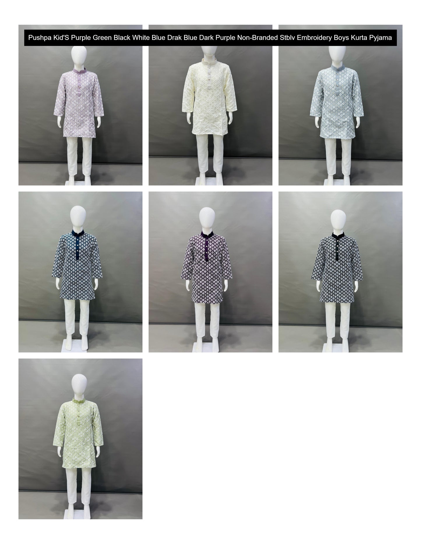 Pushpa Kid'S Purple Green Black White Blue Drak Blue Dark Purple Non-Branded Stblv Embroidery Boys Kurta Pyjama