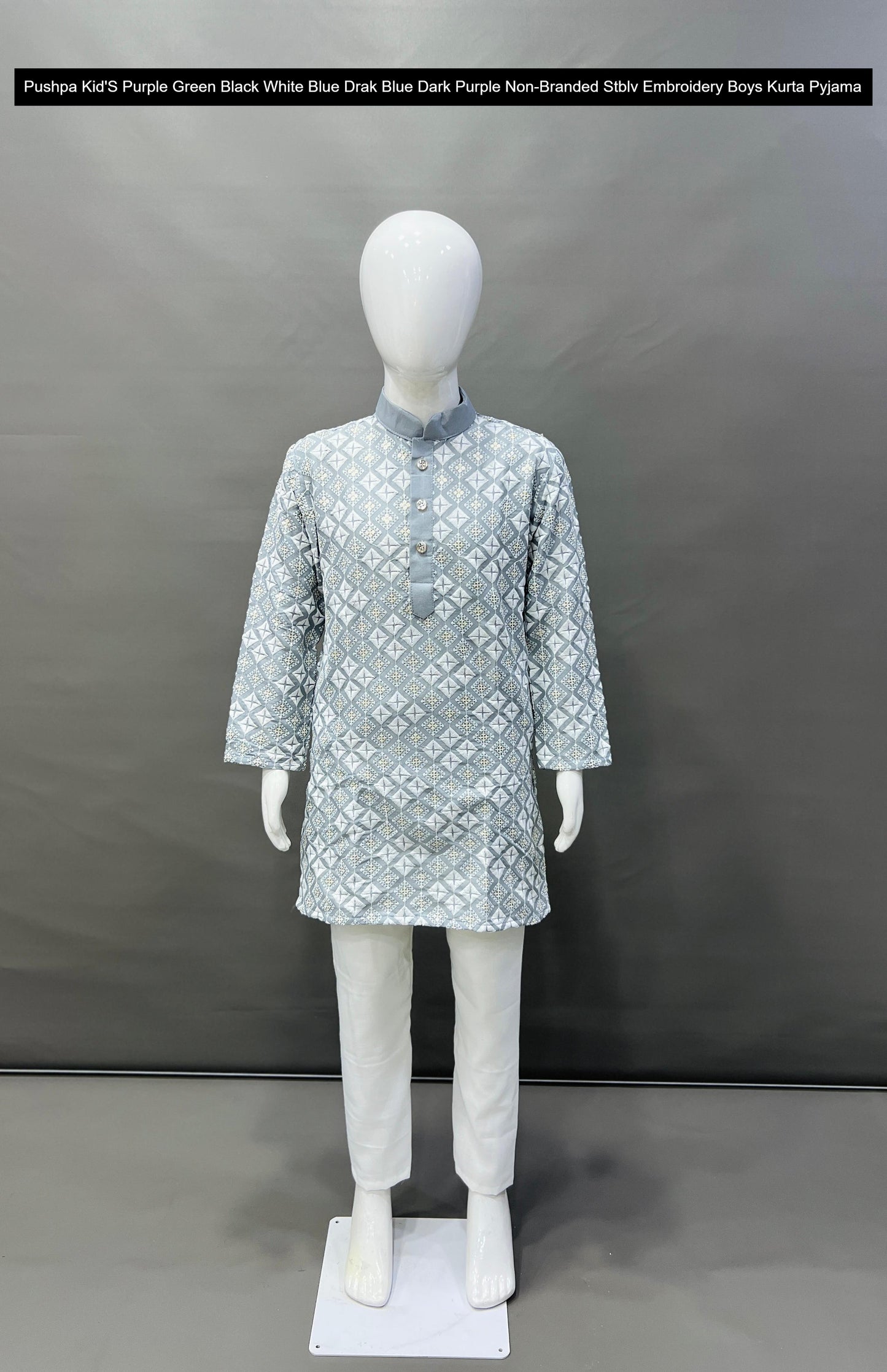 Pushpa Kid'S Purple Green Black White Blue Drak Blue Dark Purple Non-Branded Stblv Embroidery Boys Kurta Pyjama
