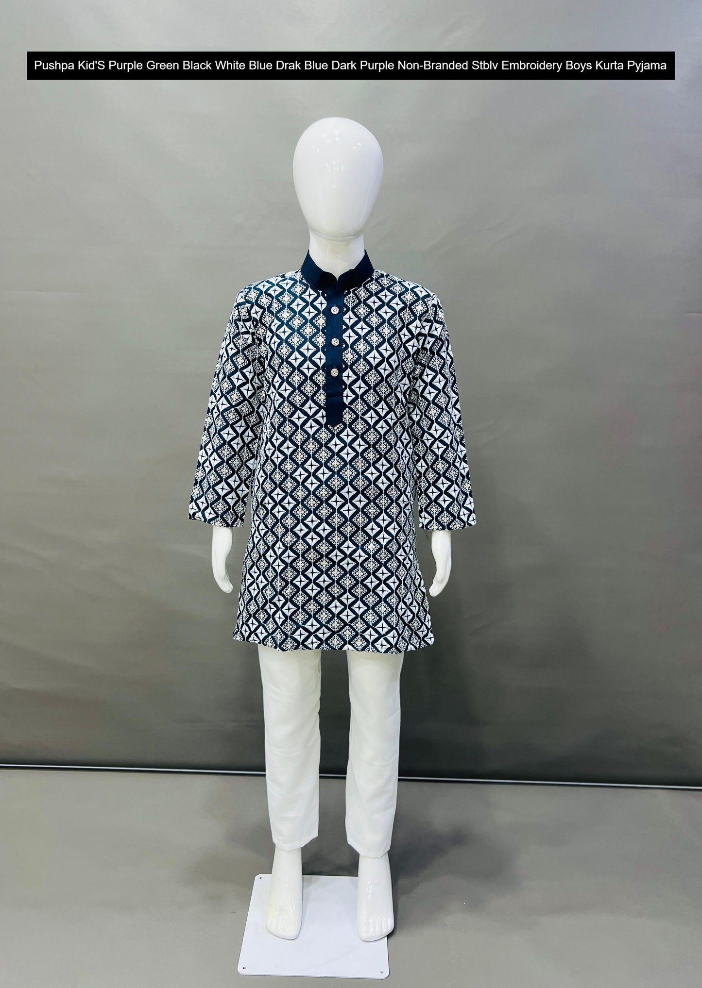 Pushpa Kid'S Purple Green Black White Blue Drak Blue Dark Purple Non-Branded Stblv Embroidery Boys Kurta Pyjama