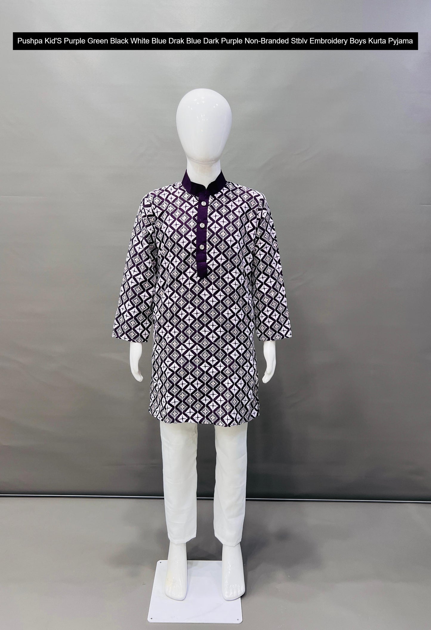 Pushpa Kid'S Purple Green Black White Blue Drak Blue Dark Purple Non-Branded Stblv Embroidery Boys Kurta Pyjama