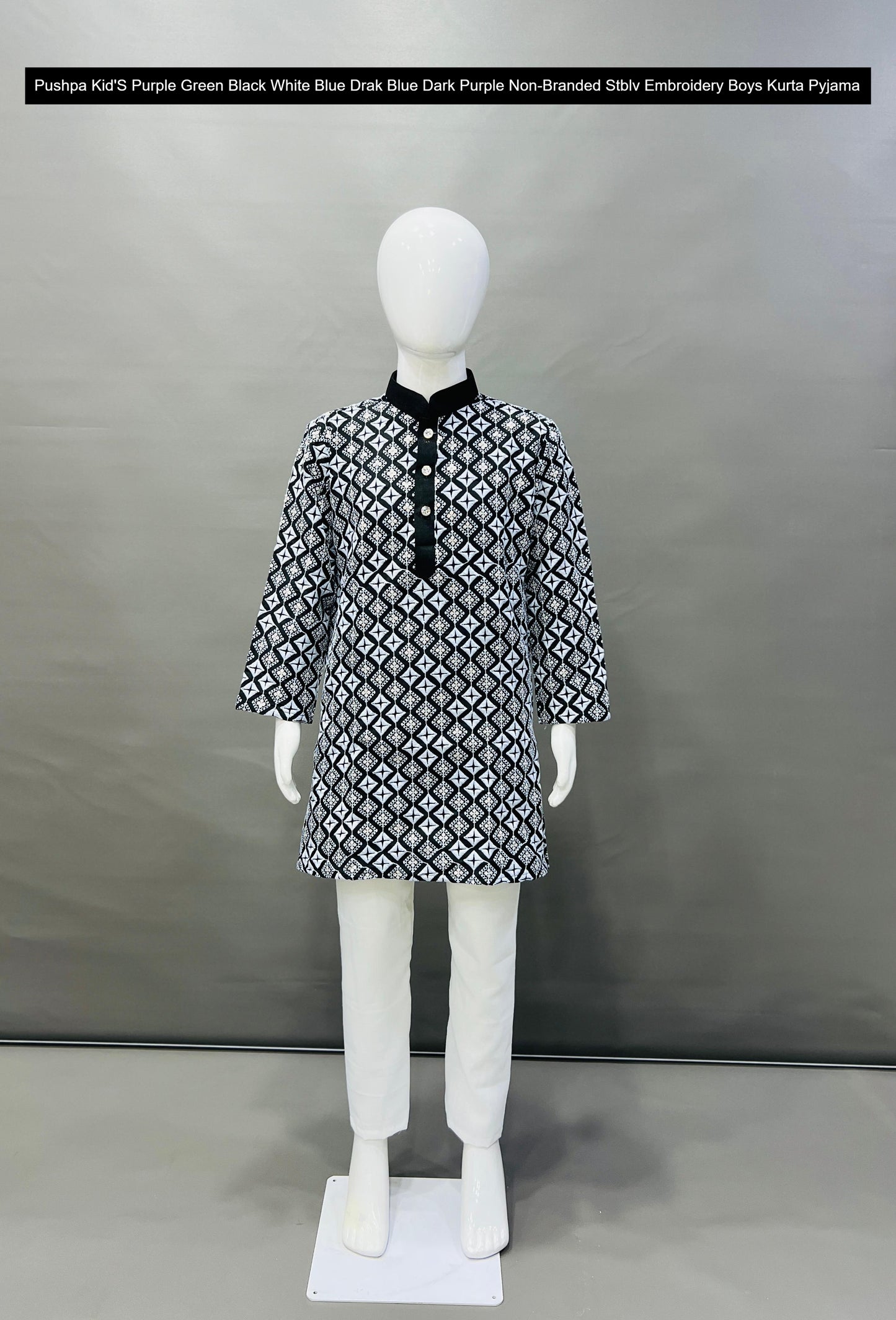Pushpa Kid'S Purple Green Black White Blue Drak Blue Dark Purple Non-Branded Stblv Embroidery Boys Kurta Pyjama
