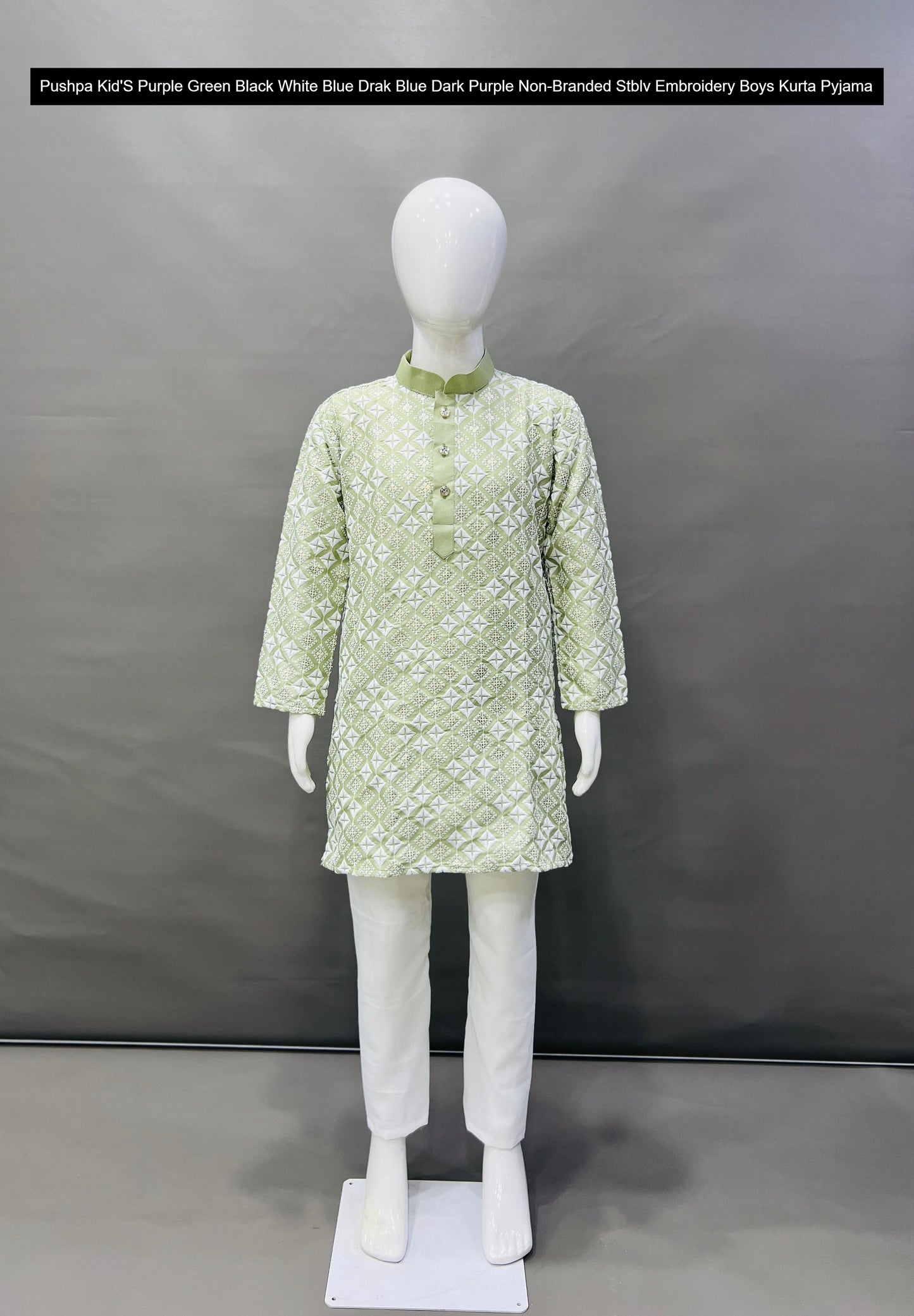 Pushpa Kid'S Purple Green Black White Blue Drak Blue Dark Purple Non-Branded Stblv Embroidery Boys Kurta Pyjama