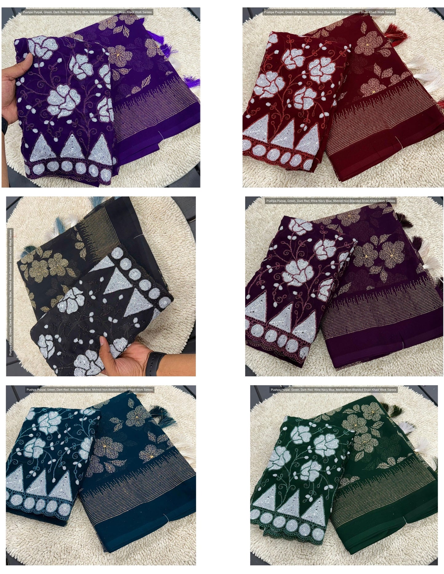 Pushpa Purpal, Green, Dark Red, Wine Navy Blue, Mehndi Non-Branded Stvan Khadi Work Sarees