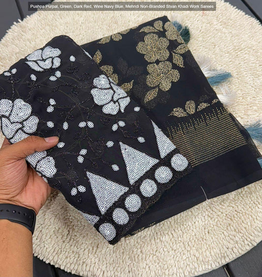 Pushpa Purpal, Green, Dark Red, Wine Navy Blue, Mehndi Non-Branded Stvan Khadi Work Sarees