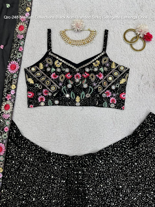 Qrc-248 Navratri Collections Black Non-Branded Strkq Georgette Lehenga Choli