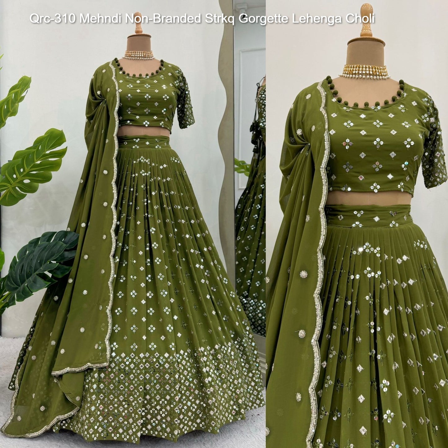 Qrc-310 Mehndi Non-Branded Strkq Gorgette Lehenga Choli