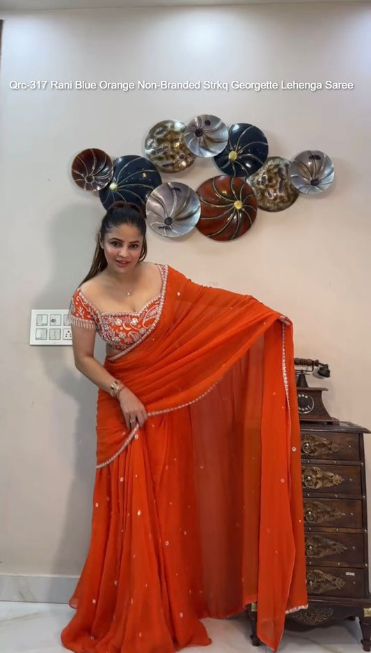 Qrc-317 Rani Blue Orange Non-Branded Strkq Georgette Lehenga Saree