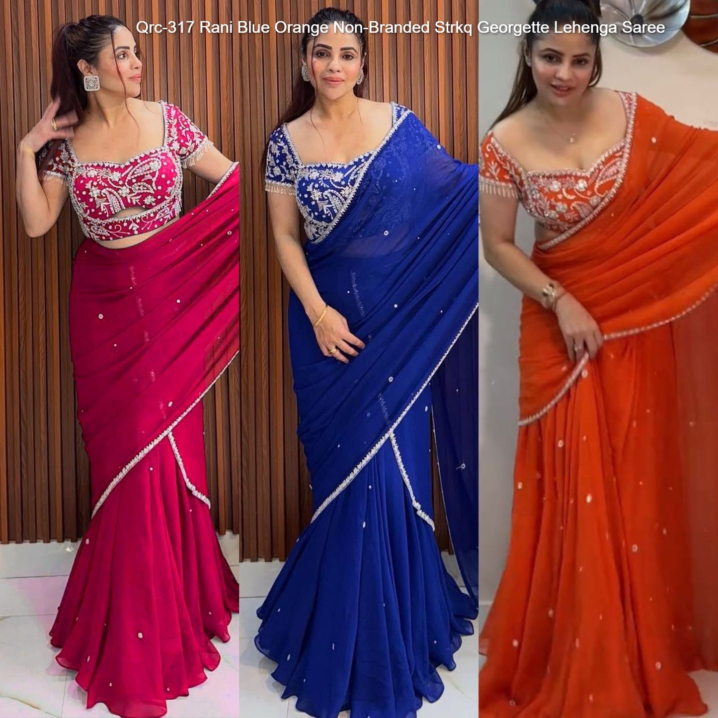 Qrc-317 Rani Blue Orange Non-Branded Strkq Georgette Lehenga Saree