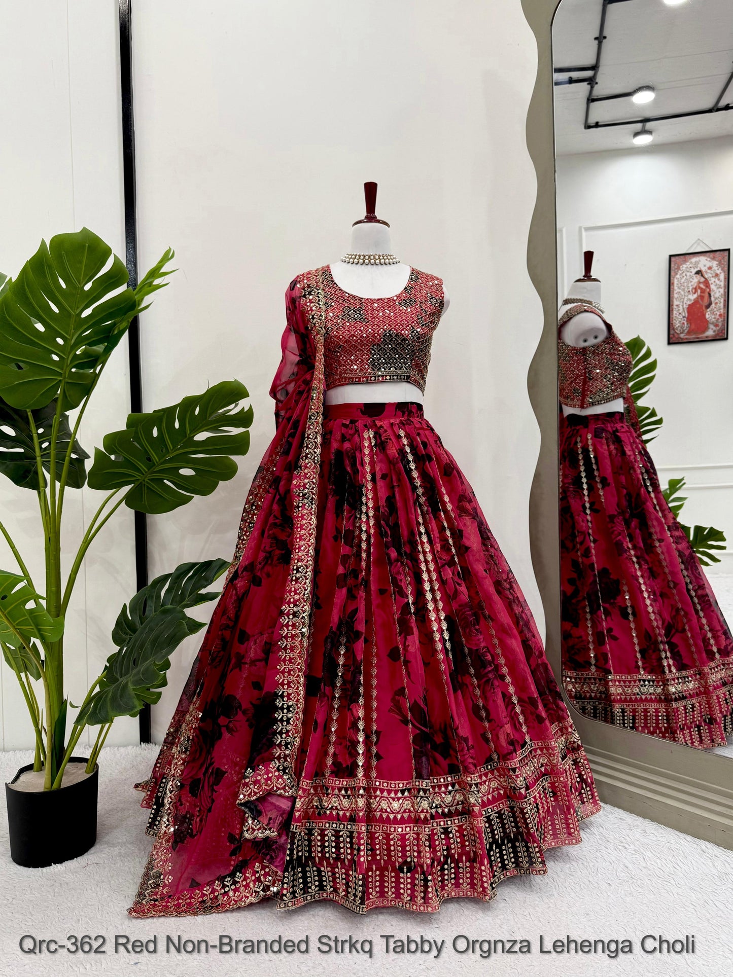 Qrc-362 Red Non-Branded Strkq Tabby Orgnza Lehenga Choli