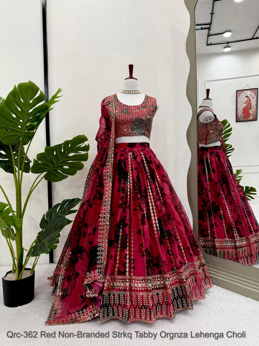 Qrc-362 Red Non-Branded Strkq Tabby Orgnza Lehenga Choli