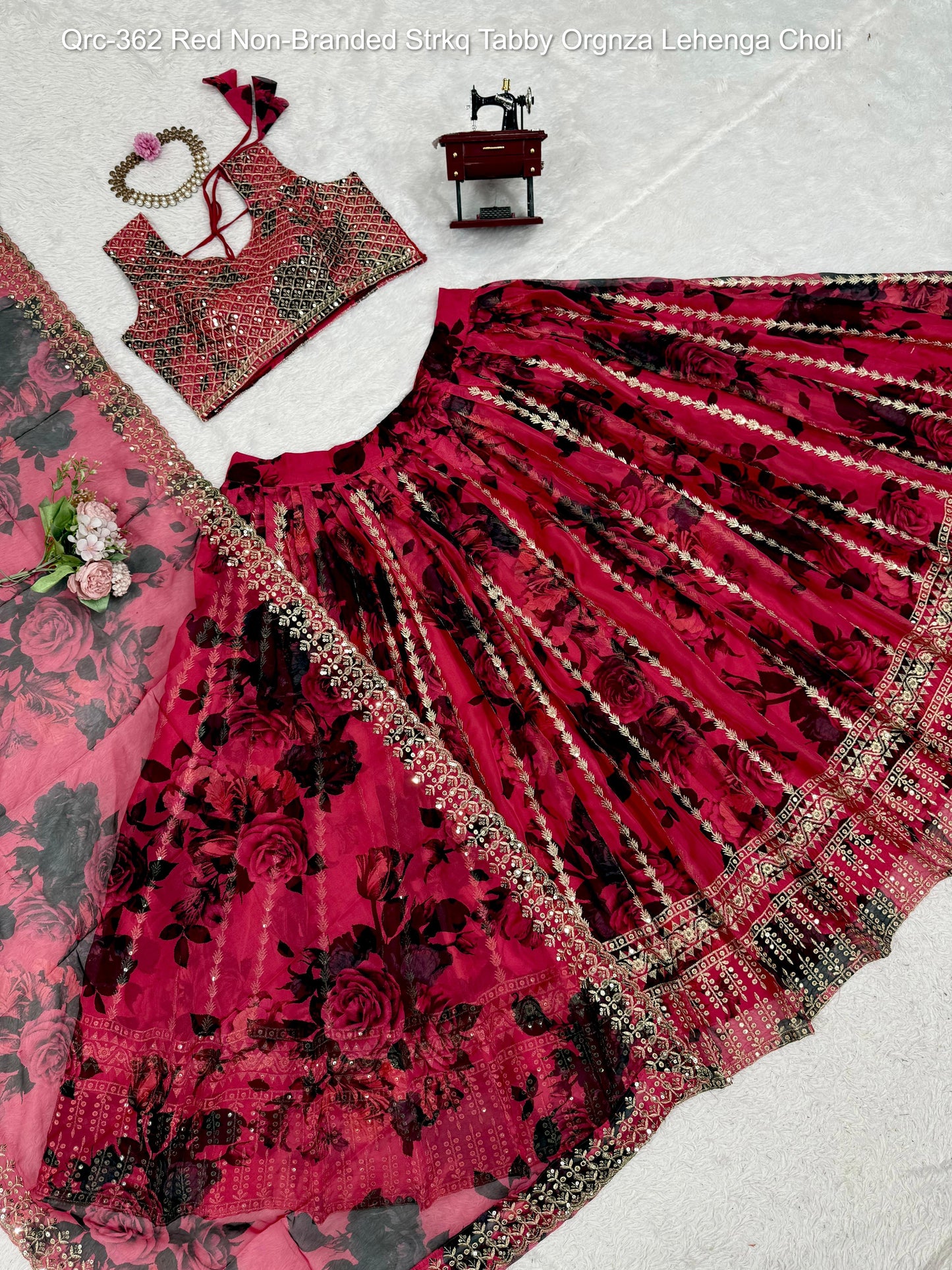 Qrc-362 Red Non-Branded Strkq Tabby Orgnza Lehenga Choli