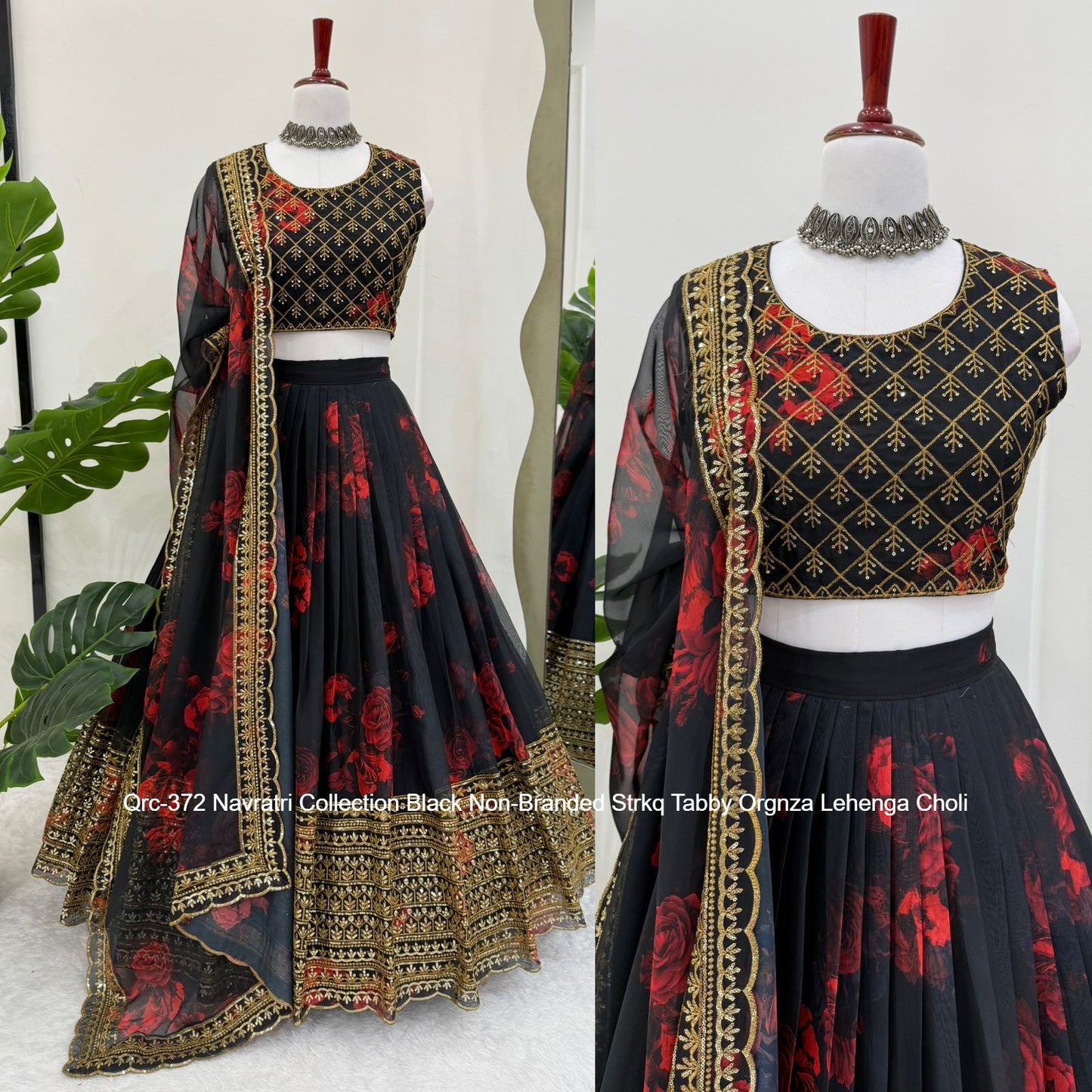 Qrc-372 Navratri Collection Black Non-Branded Strkq Tabby Orgnza Lehenga Choli
