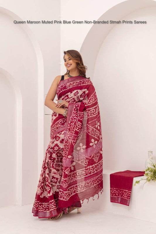 Queen Maroon Muted Pink Blue Green Non-Branded Stmah Prints Sarees