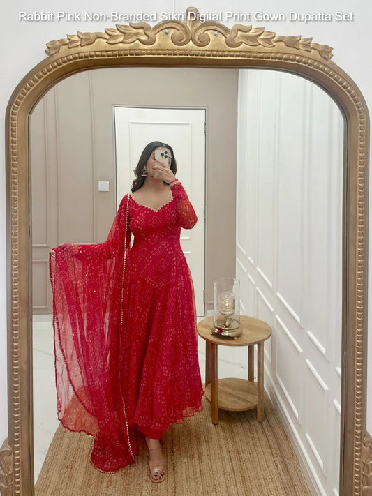 Rabbit Pink Non-Branded Stkri Digital Print Gown Dupatta Set