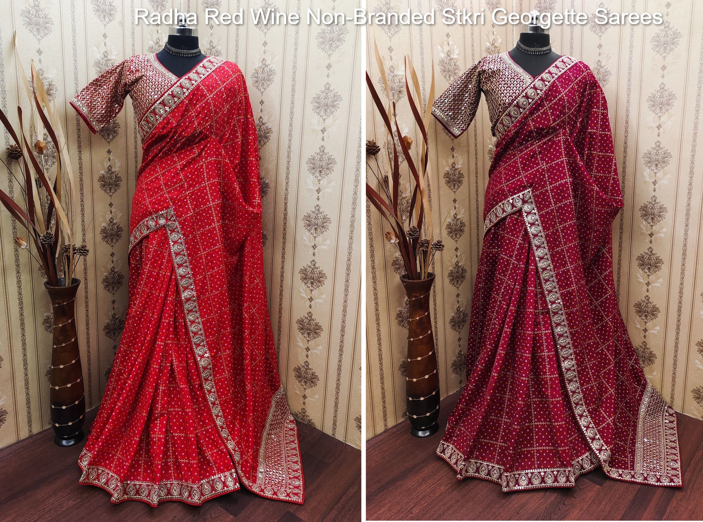Radha Red Wine Non-Branded Stkri Georgette Sarees
