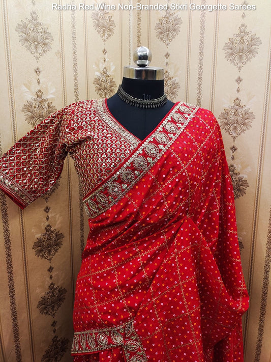 Radha Red Wine Non-Branded Stkri Georgette Sarees