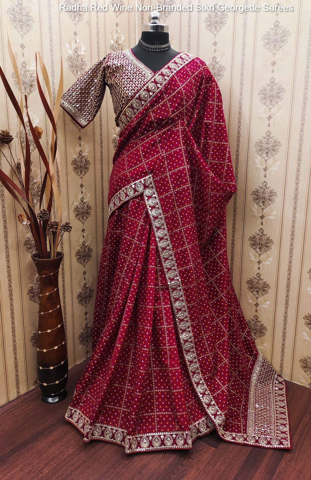 Radha Red Wine Non-Branded Stkri Georgette Sarees