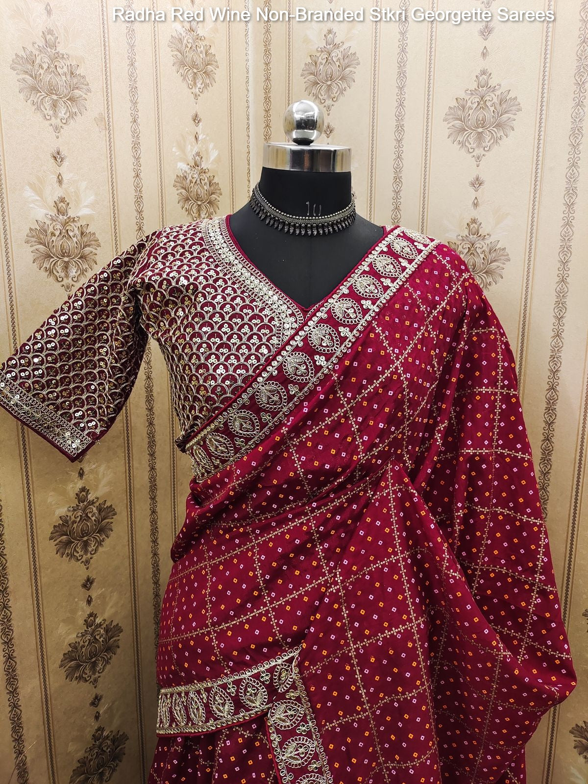 Radha Red Wine Non-Branded Stkri Georgette Sarees