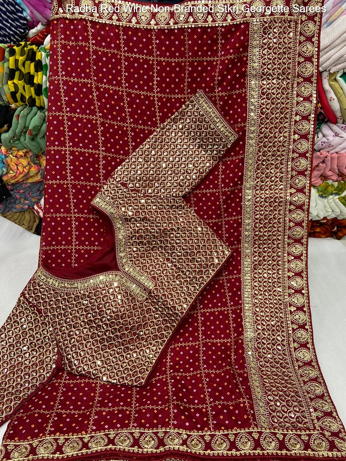 Radha Red Wine Non-Branded Stkri Georgette Sarees