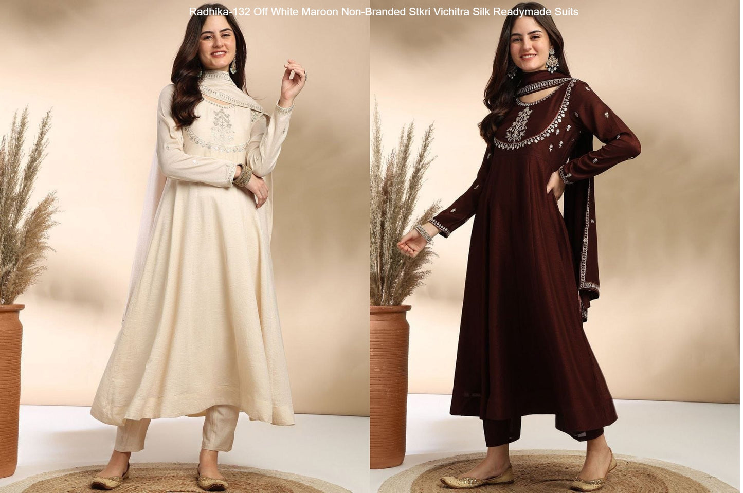 Radhika-132 Off White Maroon Non-Branded Stkri Vichitra Silk Readymade Suits