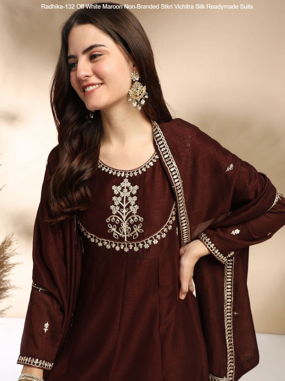 Radhika-132 Off White Maroon Non-Branded Stkri Vichitra Silk Readymade Suits
