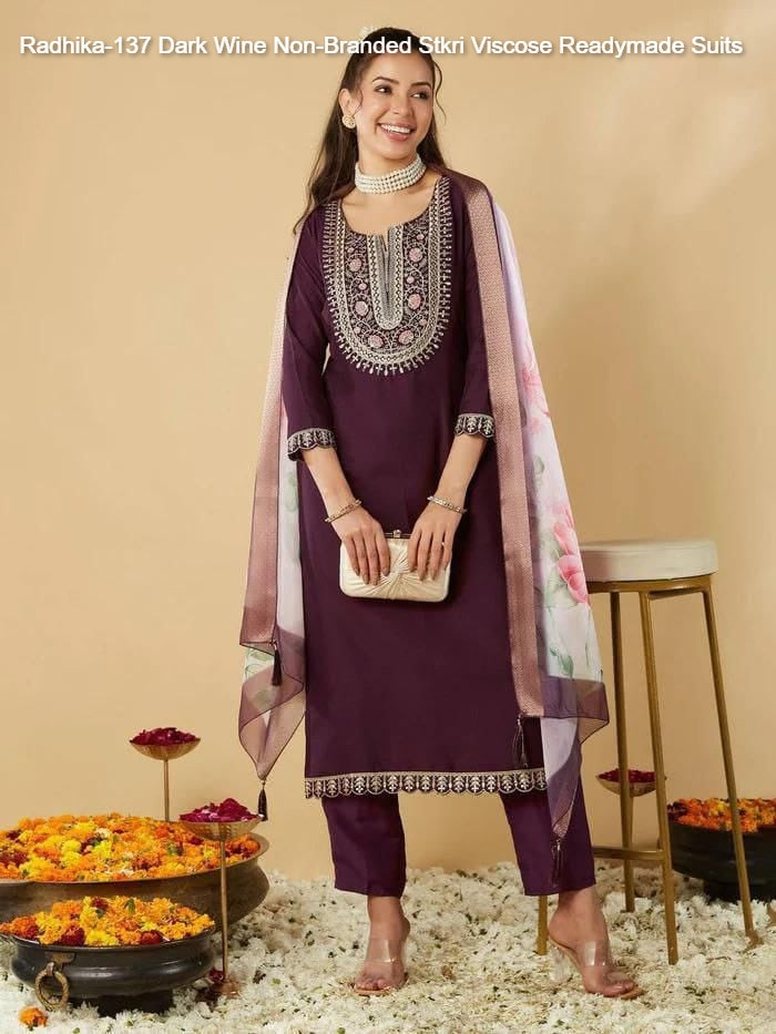 Radhika-137 Dark Wine Non-Branded Stkri Viscose Readymade Suits