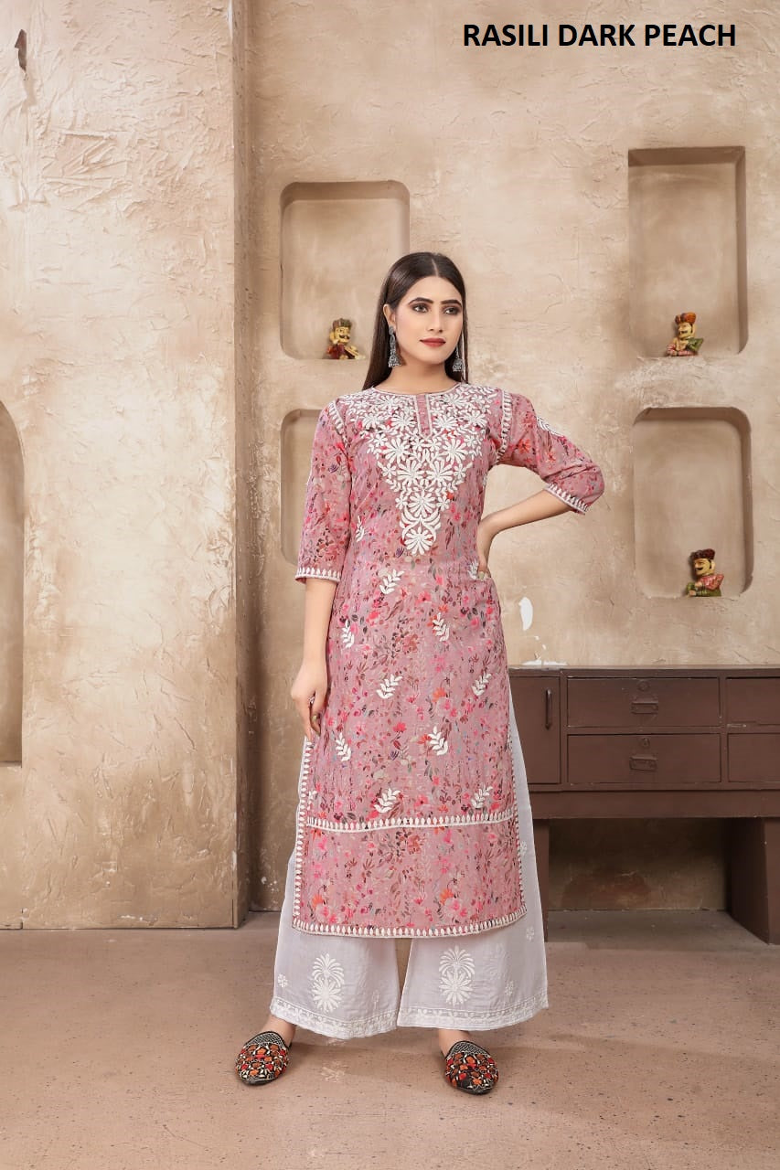 Rasika Dark Peach Rasili Nx Print Kurti Pant Set