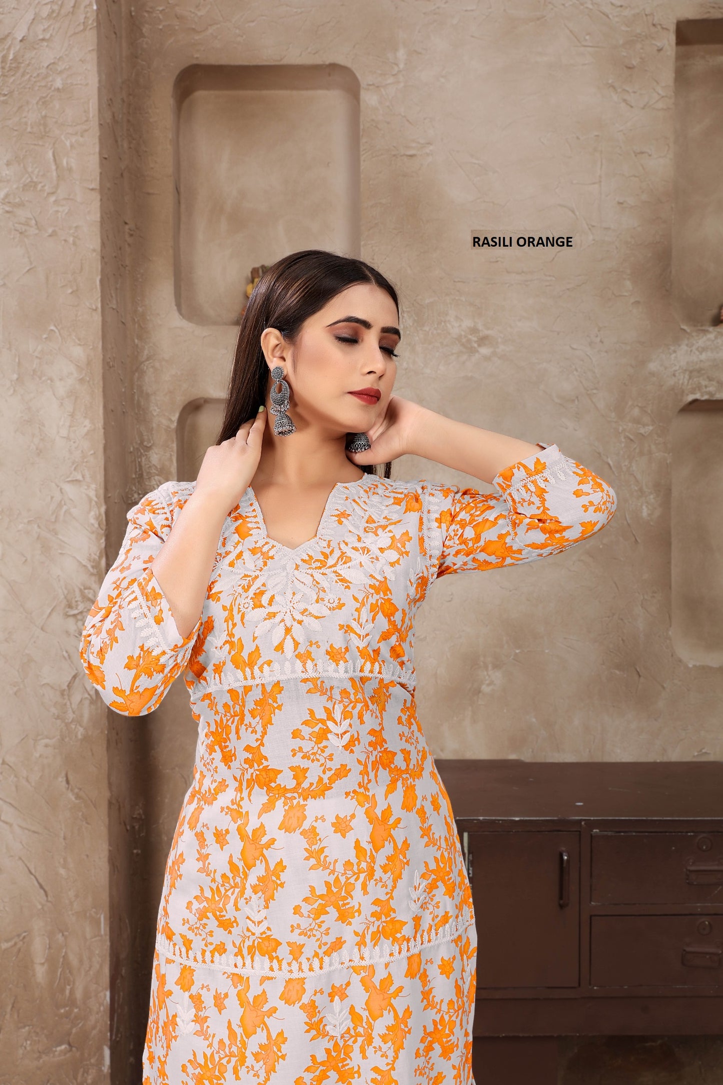Rasika Orange Rasili Nx Print Kurti Pant Set