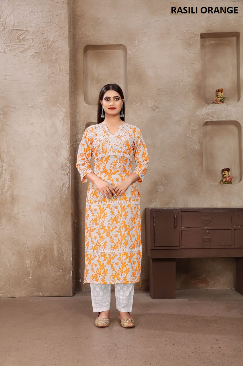 Rasika Orange Rasili Nx Print Kurti Pant Set
