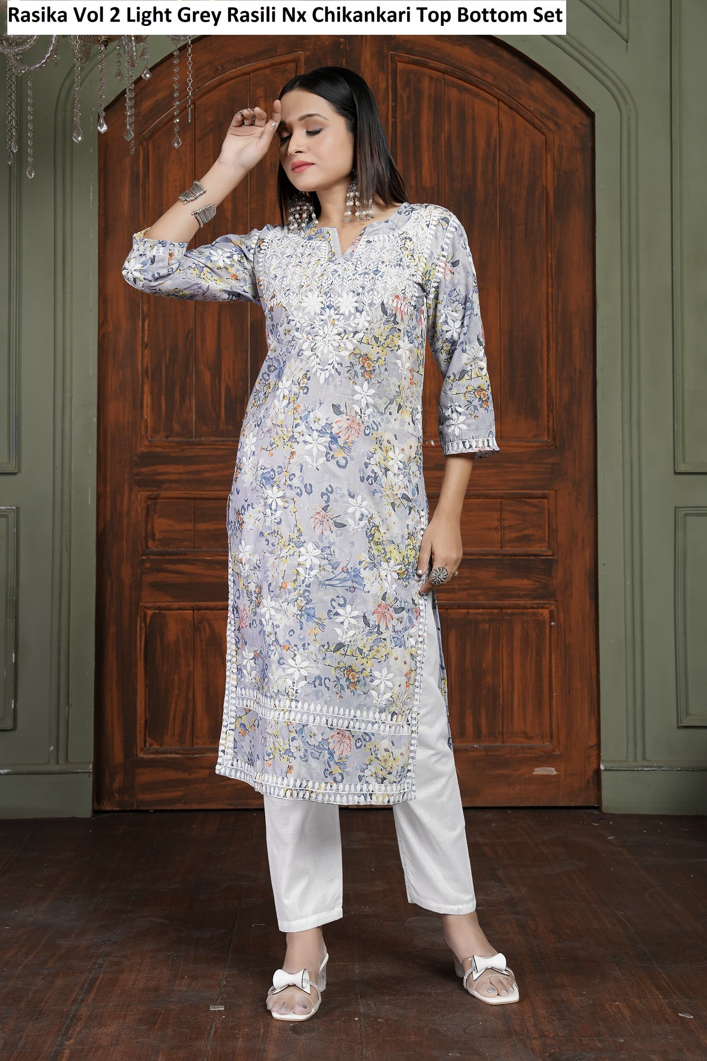 Rasika Vol 2 Light Grey Rasili Nx Chikankari Top Bottom Set