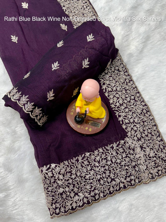 Rathi Blue Black Wine Non-Branded Stvst Vichitra Silk Sarees
