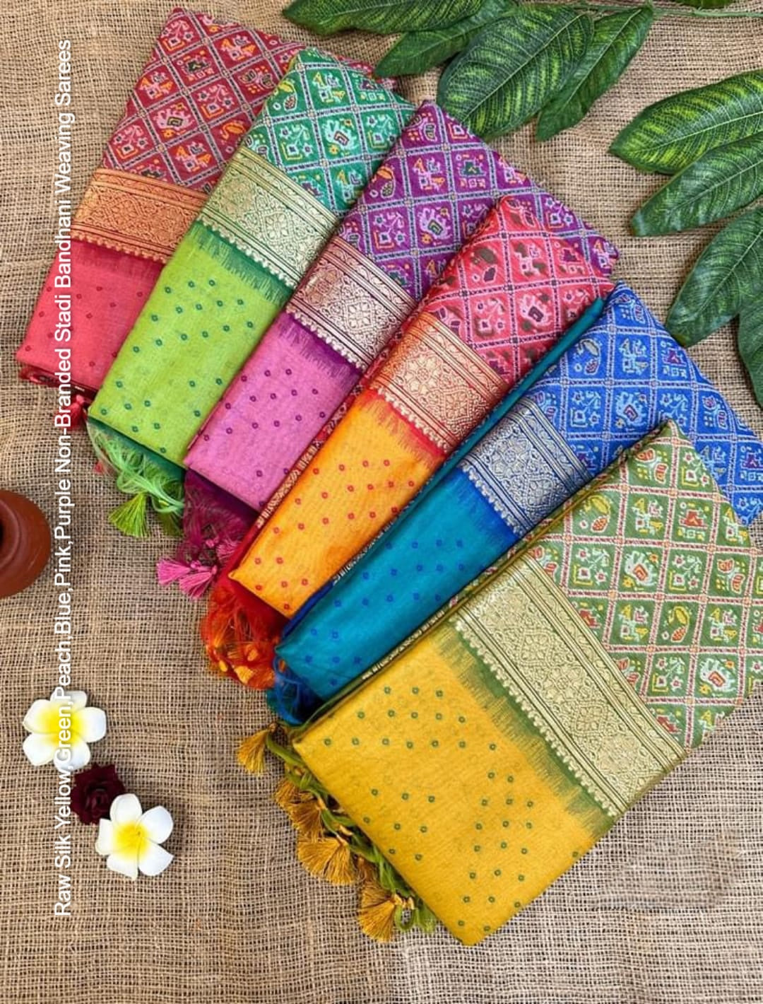 Raw Silk Yellow,Green,Peach,Blue,Pink,Purple Non-Branded Stadi Bandhani Weaving Sarees