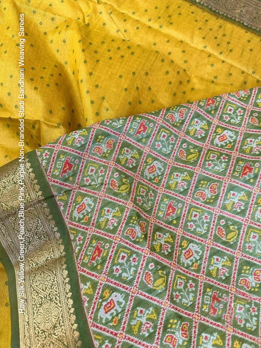 Raw Silk Yellow,Green,Peach,Blue,Pink,Purple Non-Branded Stadi Bandhani Weaving Sarees