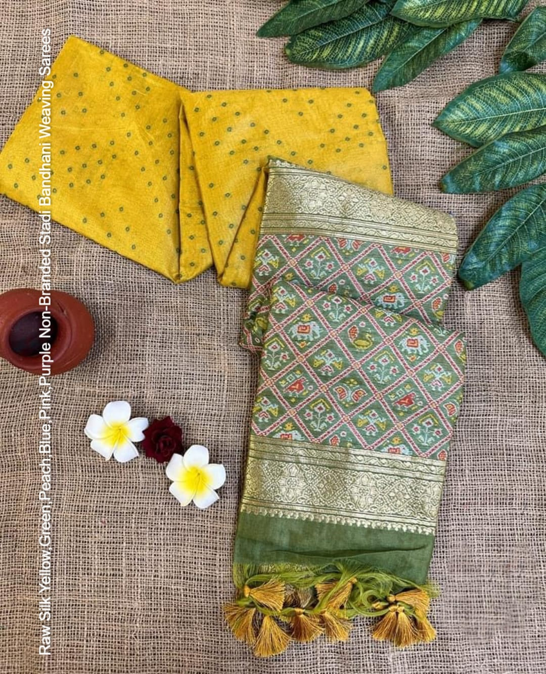 Raw Silk Yellow,Green,Peach,Blue,Pink,Purple Non-Branded Stadi Bandhani Weaving Sarees