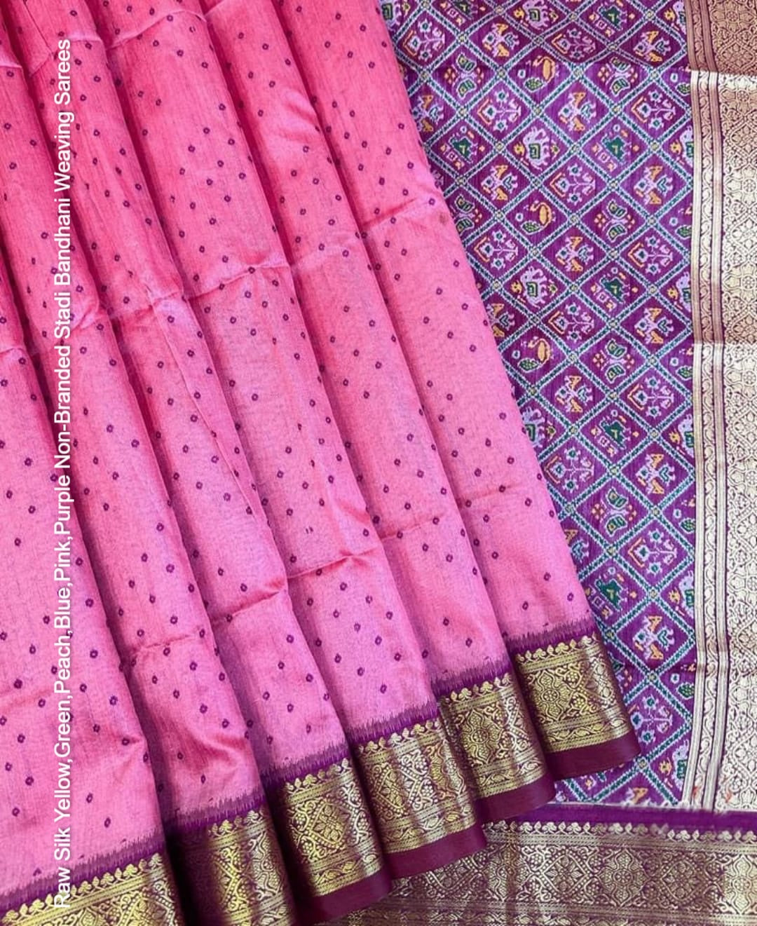 Raw Silk Yellow,Green,Peach,Blue,Pink,Purple Non-Branded Stadi Bandhani Weaving Sarees